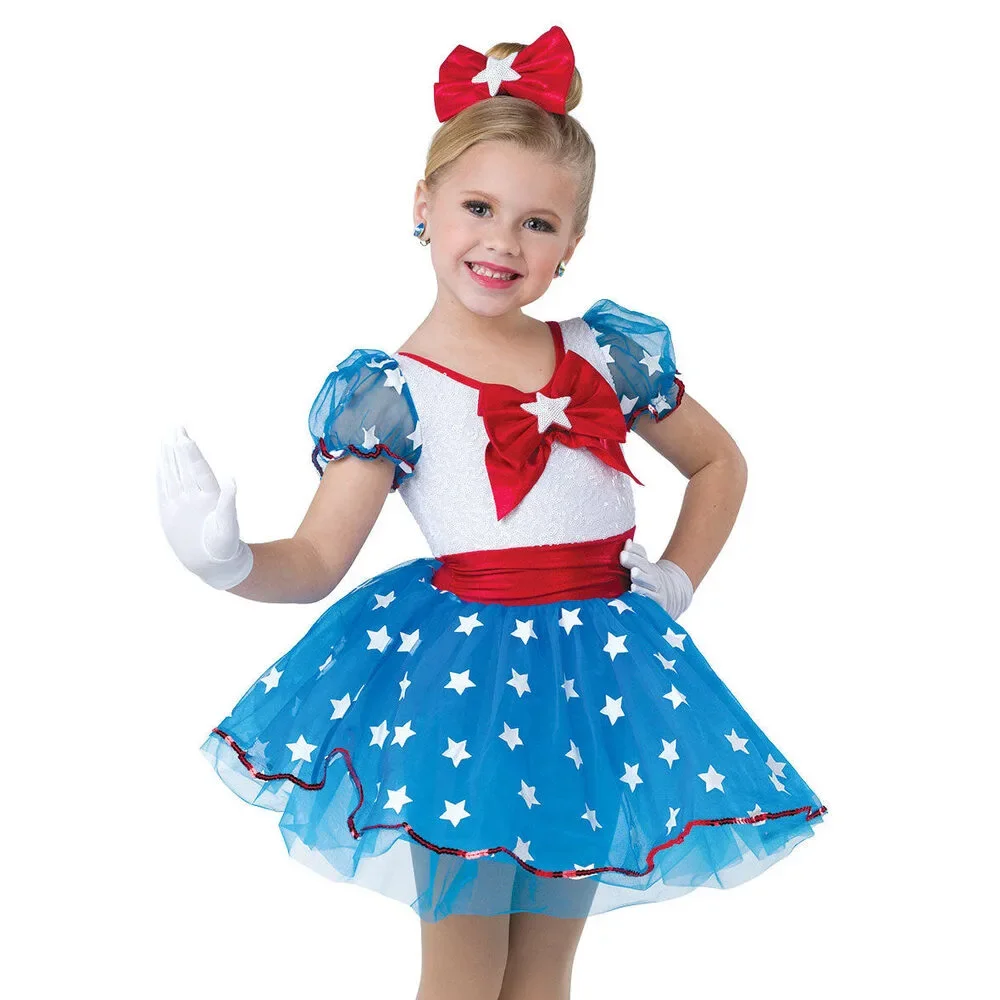 Pre-Owned Dance Costume AWCT 23004 Medium Child Blue Stars Jazz Tap Sequins USA